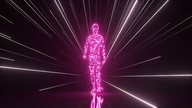 Glowing purple humanoid silhouette made of digital particles walking forward through a dark tunnel with streaks of white light, representing concepts of artificial intelligence and cyberspace