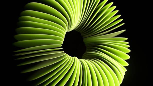 istock Futuristic lime green torus made of thin discs rotating and twisting in a seamless loop against a black background, creating an organic, mesmerizing, and modern hypnotic visual effect 2249578179