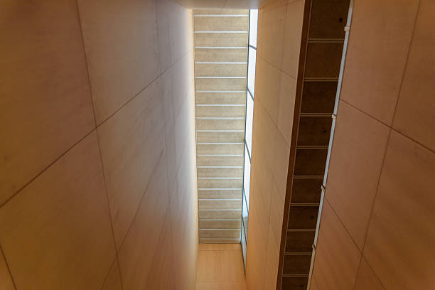 Bright area with wooden walls features a linear skylight and ample copy space.