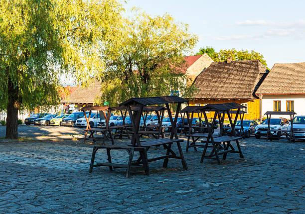 Empty wooden exhibition stands in the public park