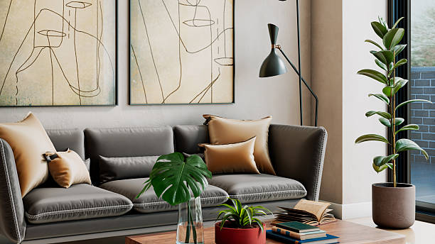 Large luxury modern bright interiors Living room mockup illustration 3D rendering image