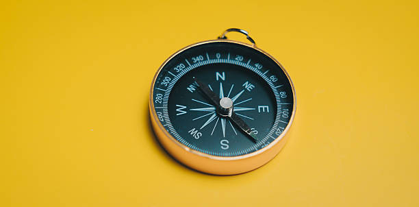 Black compass with silver rim on yellow background showing directions and degrees, symbolizing navigation and exploration with clear focus and vibrant color contrast