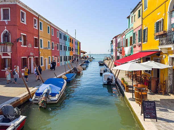 Burano island, Venice, Italy - September, 21, 2024: Colorful architecture in Burano island, Italy. Tourists walking on the street along the canal at sunny day. Famous travel destination.