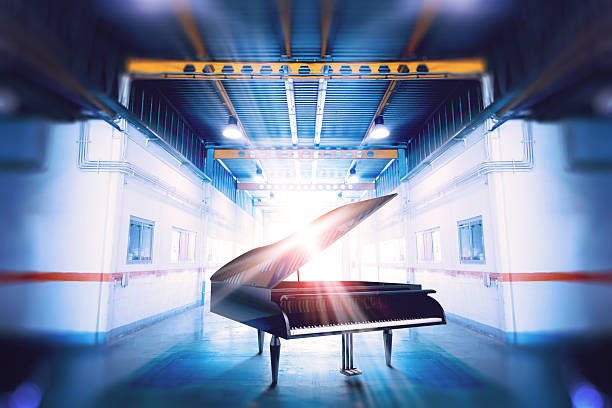 Design of grand piano in industrial architectural space. Oniric image for sophisticated smooth jazz music