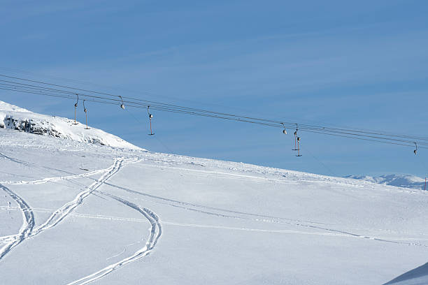 View from a ski slope at Voss Alpine Ski Resort in Norway, Scandinavia, Europe in winter (late February). The image was captured with a full frame mirrorless camera and a sharp telephoto lens at low ISO. The photograph is part of a series of images of Norwegian ski resorts.