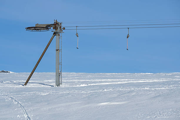 View from a ski slope at Voss Alpine Ski Resort in Norway, Scandinavia, Europe in winter (late February). The image was captured with a full frame mirrorless camera and a sharp telephoto lens at low ISO. The photograph is part of a series of images of Norwegian ski resorts.