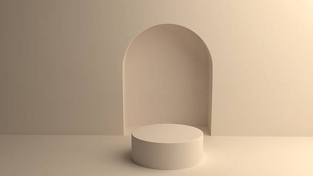 istock Minimal arch interior with round podium for product display 2249599421