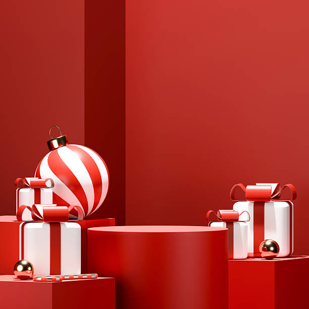 istock Christmas Product Display Red Podium with Gift Boxes and Ornaments. Vertical Mockup for E-commerce Sales. 2249599867