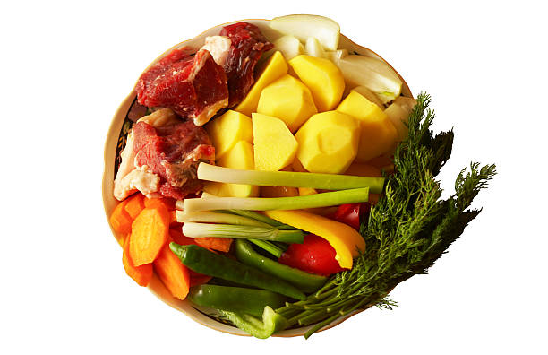 Raw meat, potatoes, onions and other vegetables in a bowl on a white background
