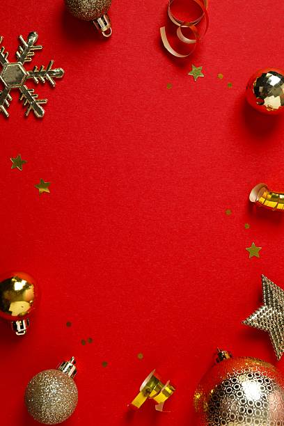 istock Red festive Christmas background with golden decoration, copy space composition 2249606327