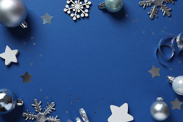 istock Blue festive Christmas background with decoration, copy space composition 2249606397