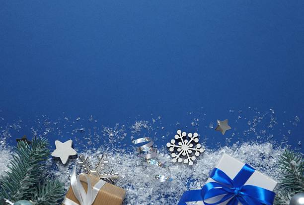 istock Blue festive Christmas background with golden decoration, copy space composition 2249606464