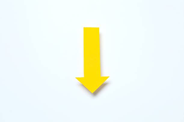 Paper arrow on color background, top view