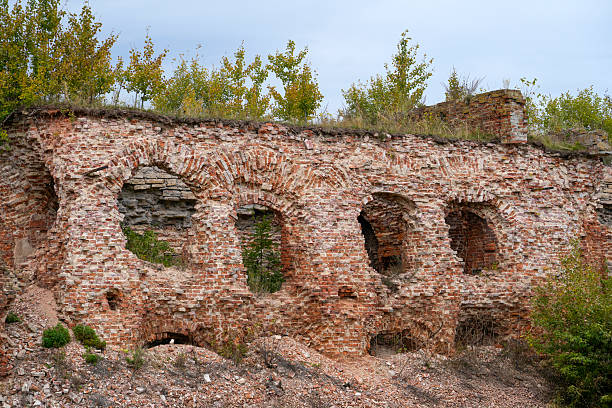 Ruins of a brick structure stand tall against a cloudy sky, with greenery growing through the walls, demonstrating nature's gradual reclaiming of this historic site.
