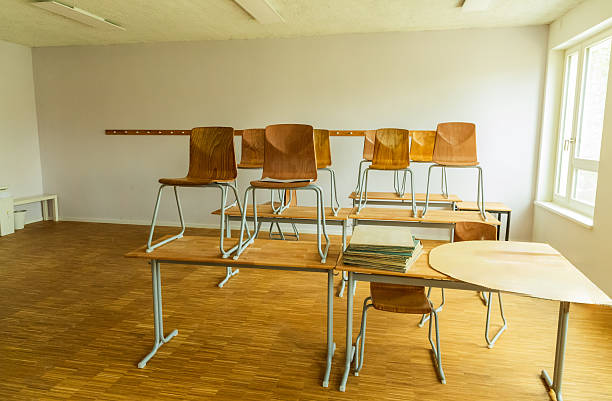 istock Classroom with stacked chairs on tables and natural light from windows 2249619417