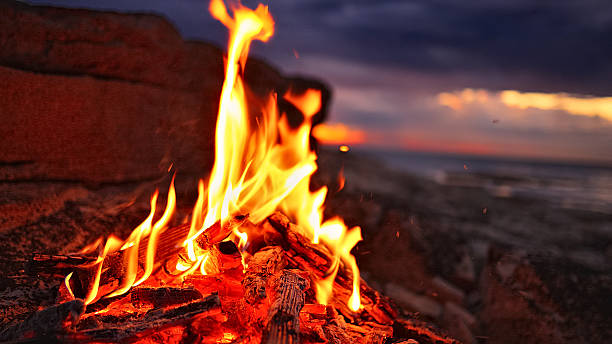 istock Bonfire on Beach at Twilight with Ocean and Clouds 2249620669