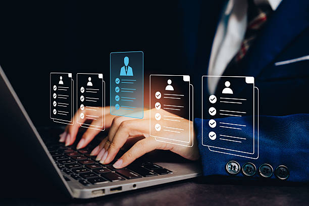 istock Hands typing with floating resume icons, decision pressure selection focus evaluation analysis responsibility workplace stress organization workflow, digital hiring concept 2249637498