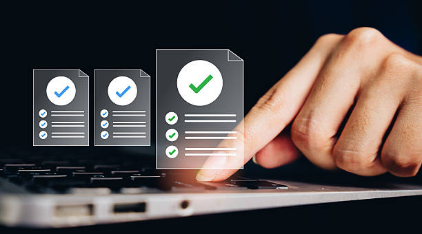 istock Finger tapping laptop with checklist icons, verification accuracy responsibility focus evaluation workflow organization productivity discipline, task approval concept 2249637504