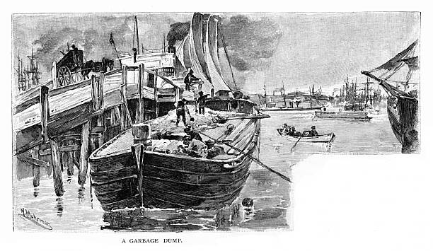 Garbage and refuse loaded onto a ship anchored at a commercial harbor in Brazil, an Atlantic Ocean coastal port, South America. Copy Space. Engraving published 1879. Original edition is from my own archives. Copyright has expired and is in Public Domain.