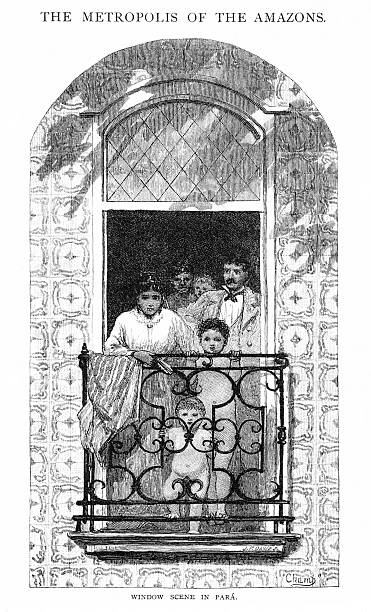 A family gathers on a balcony in Para, Brazil, South America. Engraving published 1879. Original edition is in my own archives. Copyright has expired and is in Public Domain.