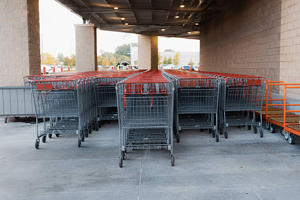 Shopping carts waiting under a covered walkway at a large store entrance, reflecting retail business and consumerism concepts