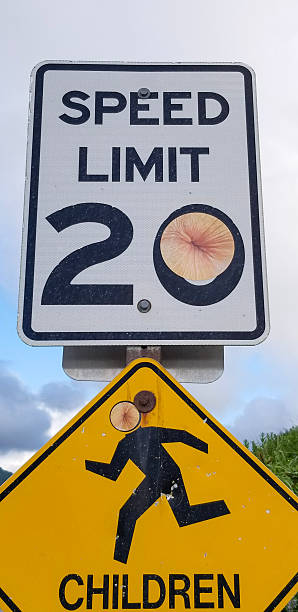 Funny Modified Road Sign with Stickers. The image captures the contrast between the official traffic sign and the added prank elements.