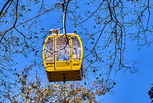 Yellow overhead cable car cabin in the mountains