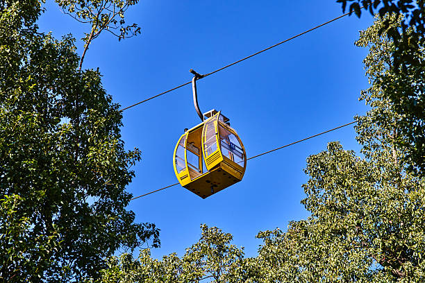 Yellow overhead cable car cabin in the mountains