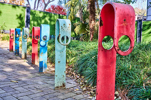 Colorful metal decorative fence in the park.