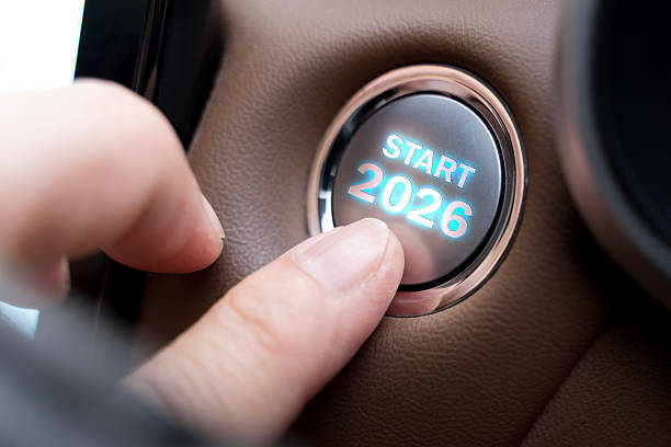 istock Finger Pressing Start 2026 Button in Car Interior Symbolizing New Beginning, Future Innovation and Forward Vision 2249663975
