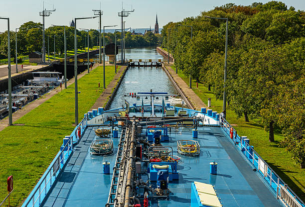 frankfurt am main, germany-september 23, 2021:  A cargo ship in the lock chamber, Frankfurt-Griesheim, Hesse, Germany