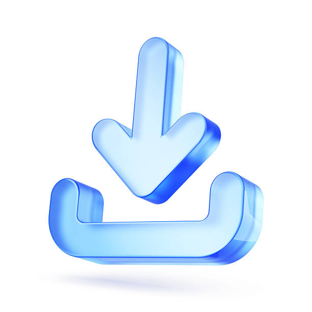 Set 3D Glass upload download icons isolated on transparent background, concept of data transfer, file sharing, and cloud exchange. Transparent Liquid Glass icon. 3D rendering.