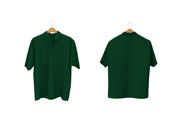 Stack of Polo style shirts on pale blue background.