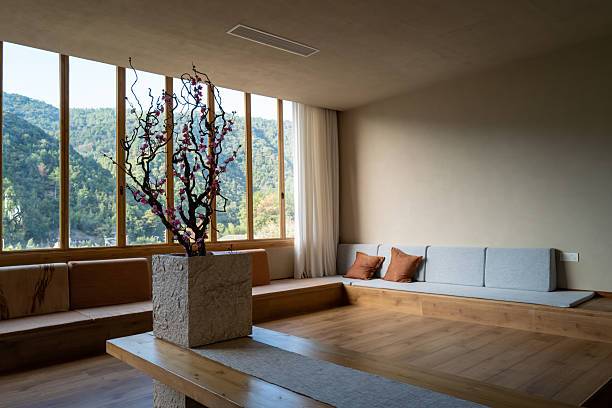 Tea table in the lounge area, tatami, dried flowers