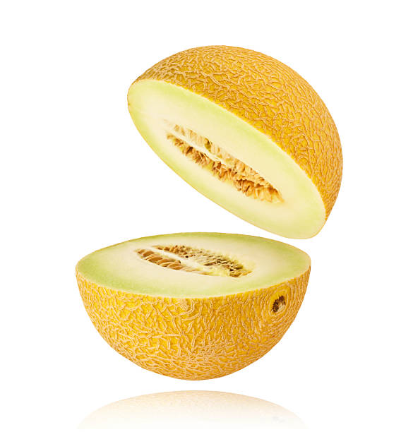 istock Fresh ripe Galia Melon falling in the air isolated on white background 2249681013