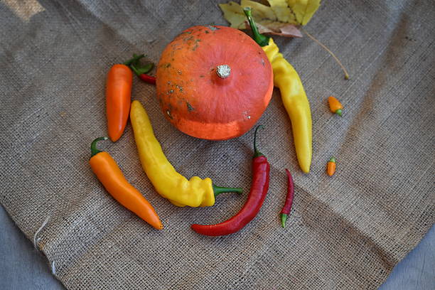 Overhead flat lay of a small round orange pumpkin (or squash) surrounded by various chili peppers (red, yellow, orange) and a maple leaf, all resting on a rustic burlap background. Ideal for fall recipes and holiday themes.