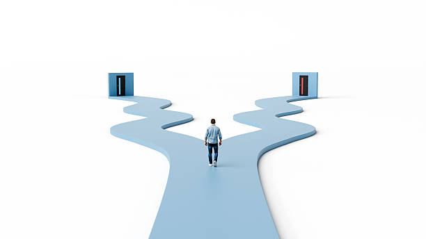 Man walks on path splitting toward different doors showing choice decision crossroads and future opportunity, 3d render