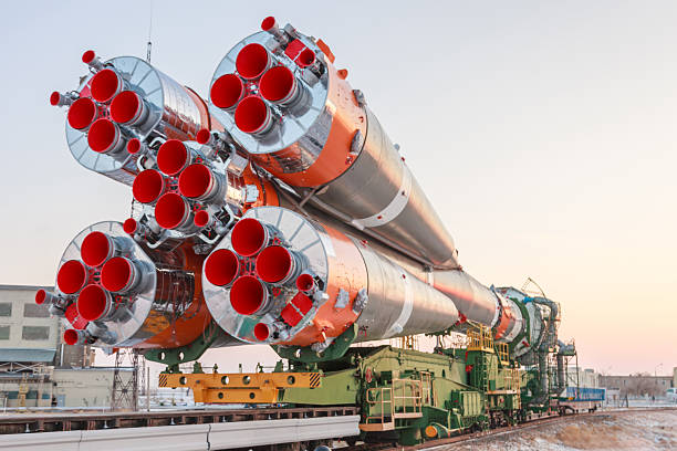 A close view of the space rocket launch pad. The cosmodrome is the place from which the ship flies into the depths of the universe. The rocket can explore distant planets.