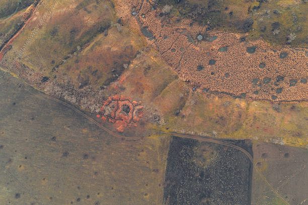 istock Top-down aerial view of a complex star-shaped defensive trench position and numerous shell craters in a combat zone. 2249693272