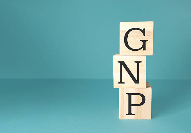 istock Wooden blocks displaying GNP stacked on a teal background with copy space 2249697728
