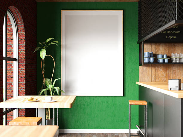 istock Vertical Blank Poster Mockup on a Green Wall in Cafe Interior 2249699387