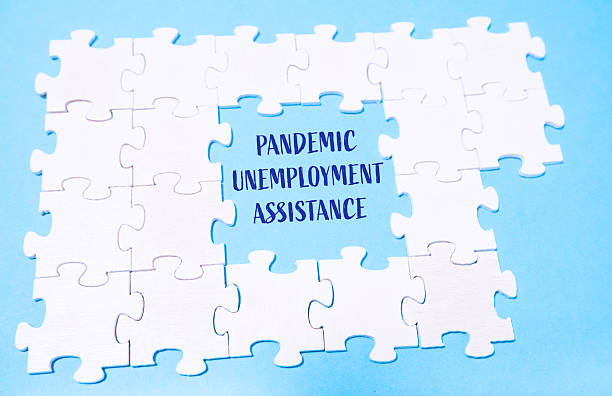 istock Puzzle pieces forming message about pandemic unemployment assistance on blue background 2249701319