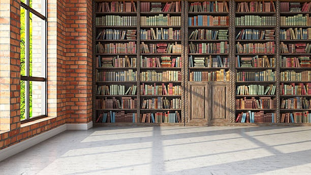istock Long Wooden Table in a Library Room with Bookshelves and Window 2249701418