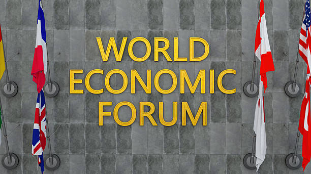 World Economic Forum Gold Text Against a Gray Stone Wall with National Flags. 3D Render