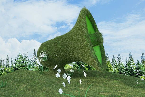 Green Grass Covered Megaphone for Environmental Protection and Ecology Message. 3D Render