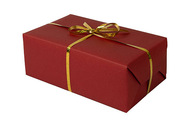 istock Red Wrapped Gift Box with Gold Ribbon Bow 2249705755