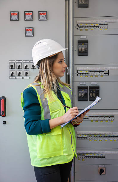 istock Female Engineer Inspecting Control Panel and Taking Notes for Safety and Maintenance at Power Station 2249707900