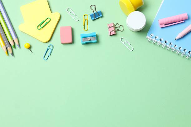 istock Flat lay with school stationery on color background, top view 2249708059