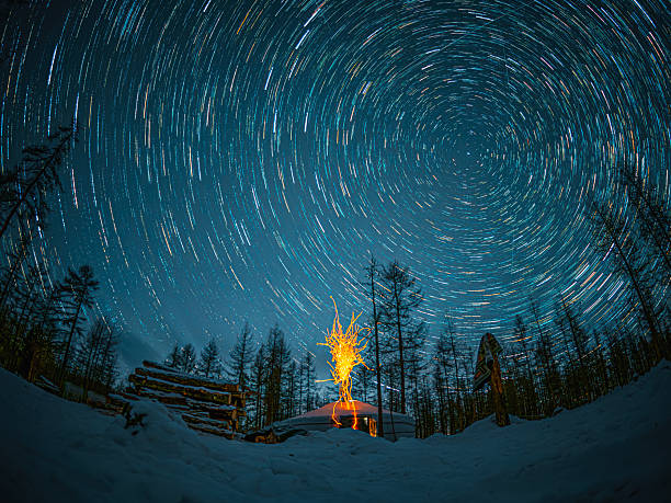 Long-exposure star trails spiral above a winter campsite near the reindeer herder region of northern Mongolia, with firelight illuminating the snow and trees below. A dramatic night-scape showing nature, motion, and remote wilderness. Tsagaannuur