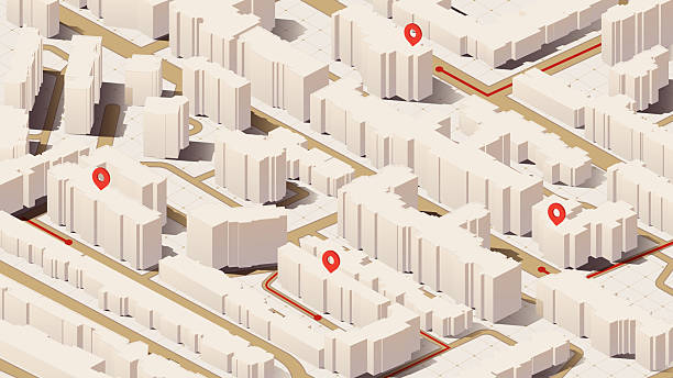 istock Isometric city buildings with red location marks. 3D urban architecture blocks. Vector illustration. 2249722277